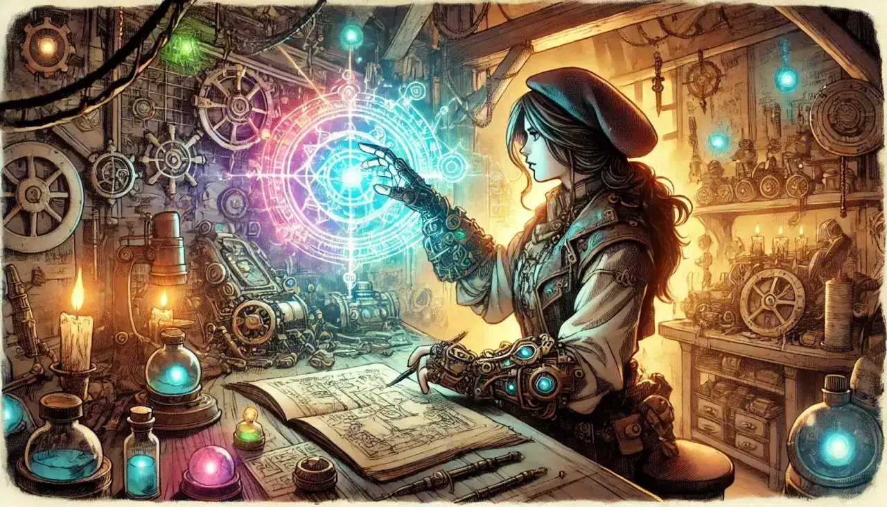 Młoda **artificer** w steampunkowym warsztacie tworzy magiczny krąg. Wokół niej mechaniczne cuda, świece i tajemnicze eliksiry.