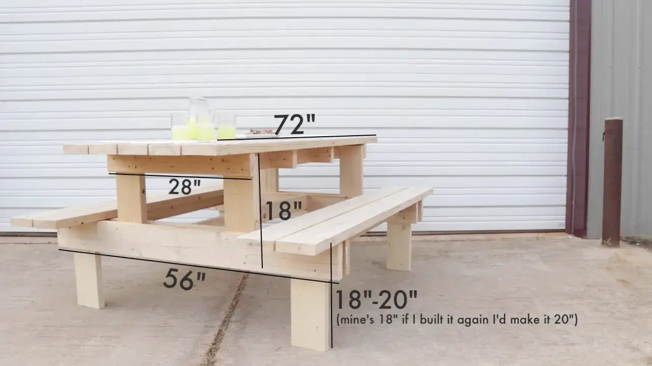 Wooden picnic table with dimensions labeled, showing how to build a picnic table.