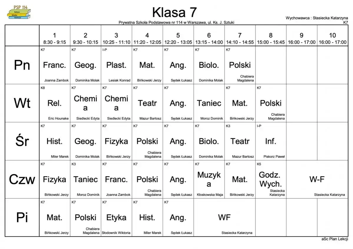 Plan lekcji klasy 7: jakie przedmioty odchodzą w 7 klasie? Matematyka, język polski, angielski, historia, fizyka, geografia, biologia, chemia, informatyka, WF, muzyka, taniec, religia, etyka.