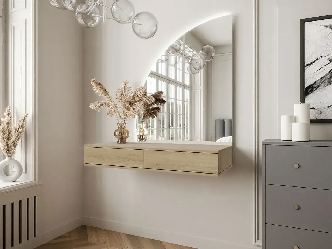 Snyggt sminkbord med inspiration från naturen, med trädetaljer och torkade blommor. En modern och stilren inredningsdetalj.