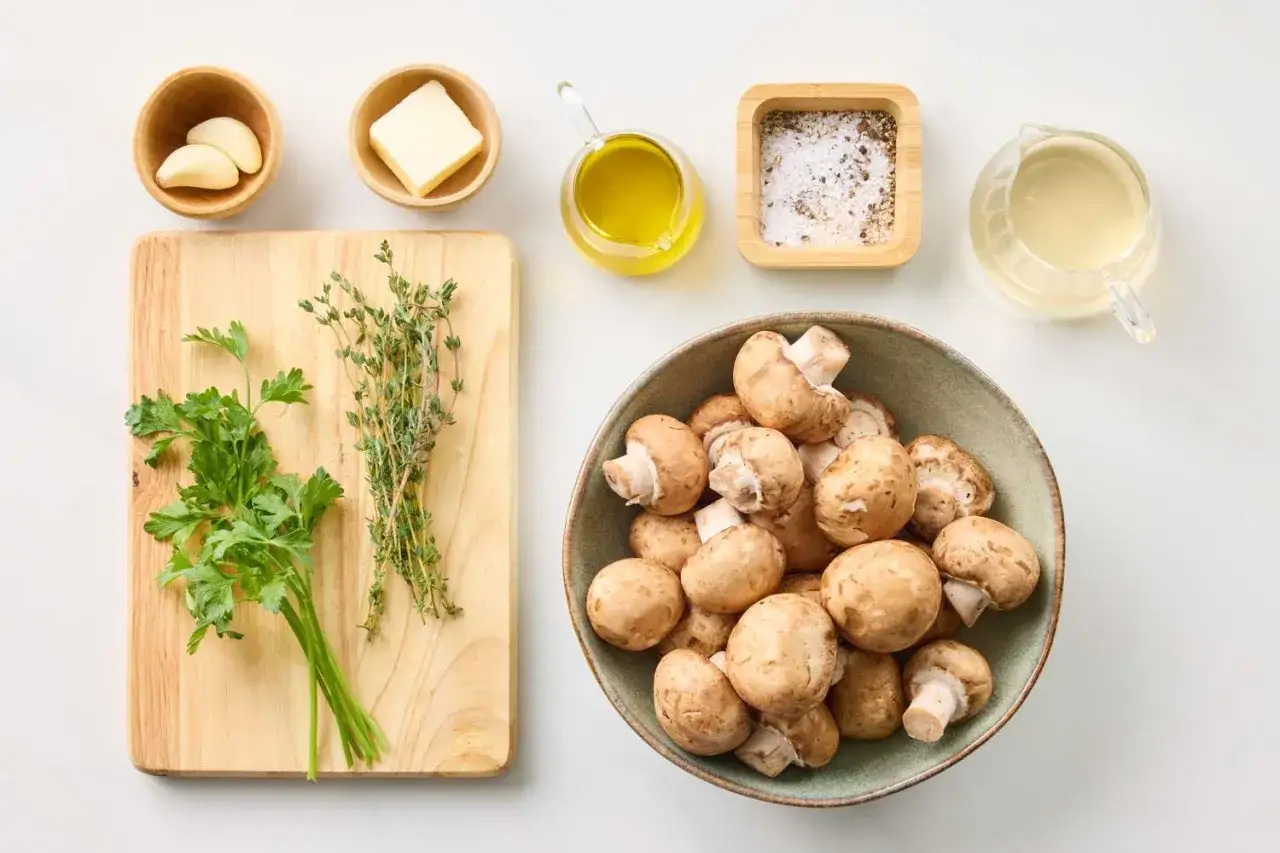 Zutaten f&uuml;r eine Pilzpfanne ohne Sahne: frische Champignons, Knoblauch, Butter, Oliven&ouml;l, Kr&auml;uter, Salz, Pfeffer und Br&uuml;he.