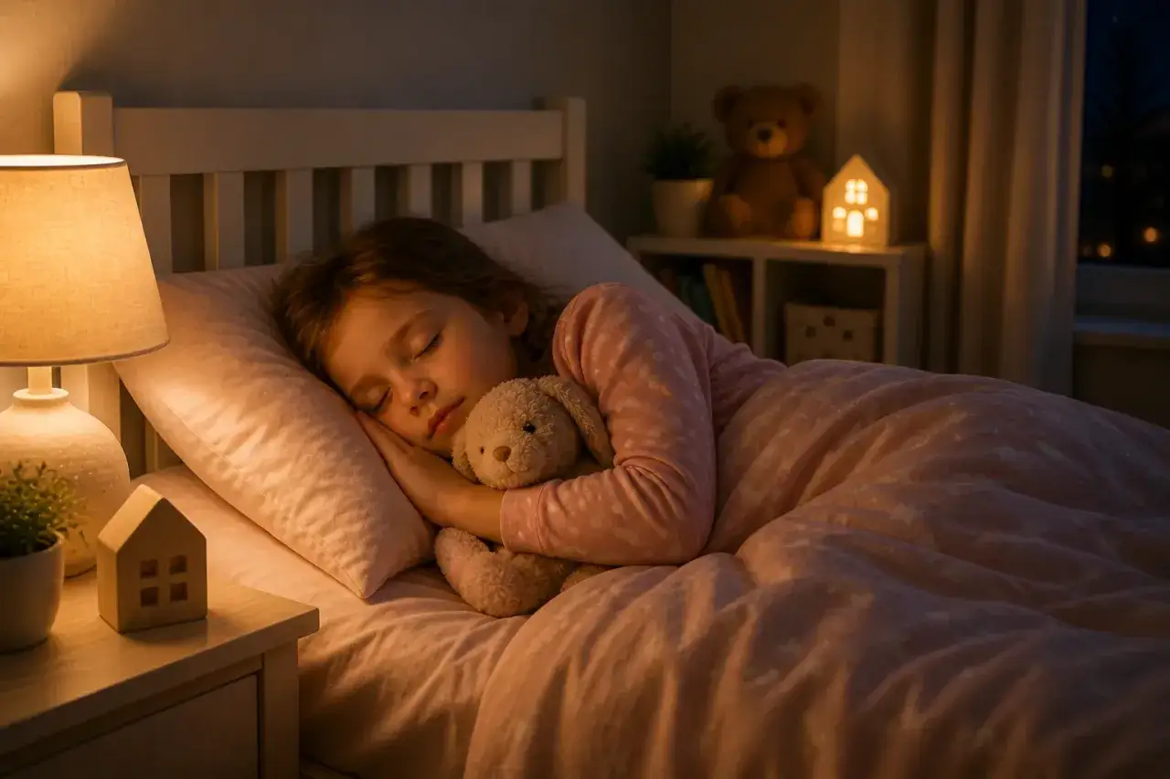 En flicka sover lugnt med sin nallebj&ouml;rn. Kanske hon hade sv&aring;rt att somna, men nu vilar hon gott i sin s&auml;ng.