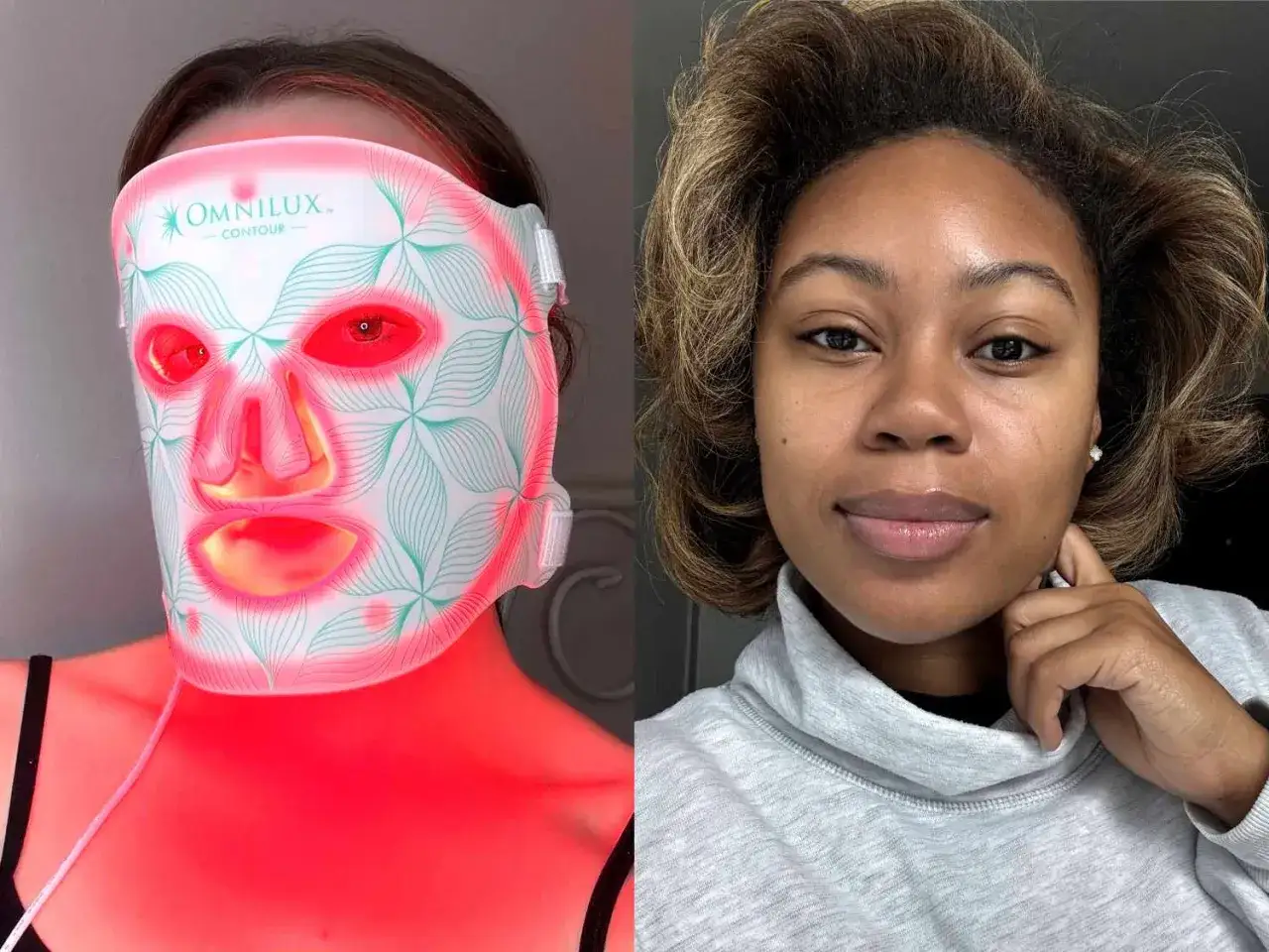 En person anv&auml;nder en Omnilux led mask ansikte f&ouml;r hudv&aring;rd. Bredvid syns ett ansikte utan mask.