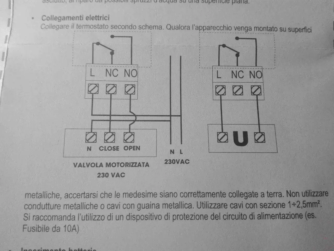 Schema elettrico per il collegamento termostato caldaia. Mostra i collegamenti tra termostato e valvola motorizzata 230 VAC.