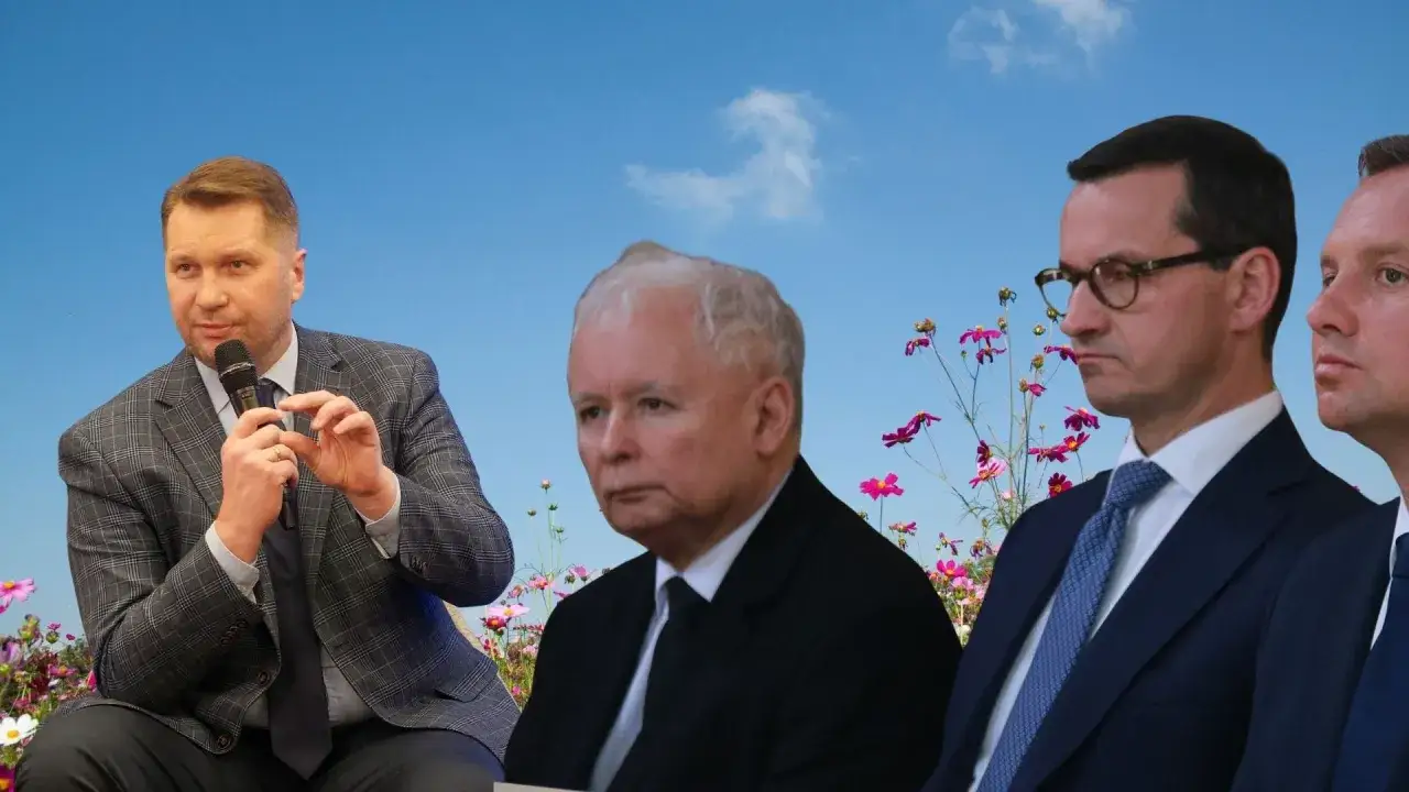 Czy wewnątrz PiS dojdzie do rozłamu przed wyborami? Jarosław Kaczyński, Mateusz Morawiecki i inni politycy na tle kwitnącej łąki.