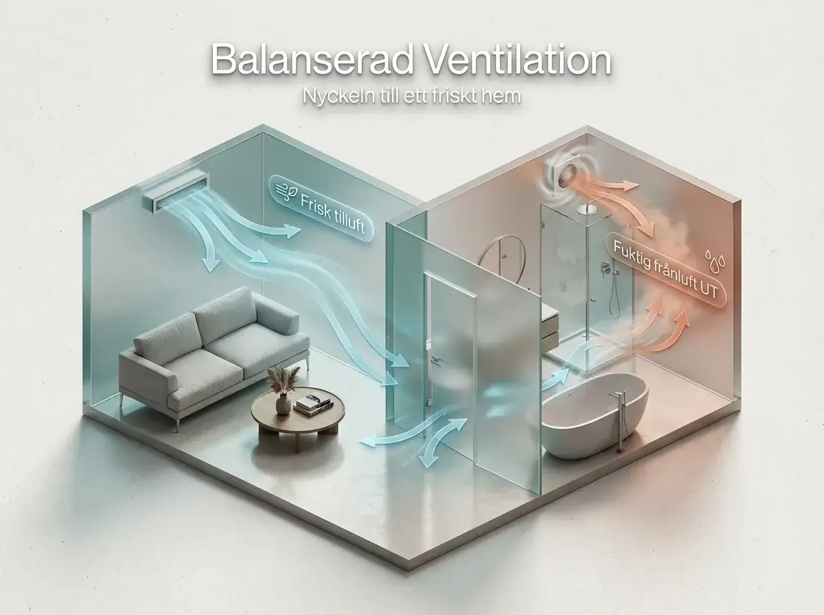 Illustration av ett balanserat ventilationssystem i ett hus. Frisk luft tillf&ouml;rs till vardagsrummet, medan fuktig luft ventileras ut fr&aring;n badrummet.