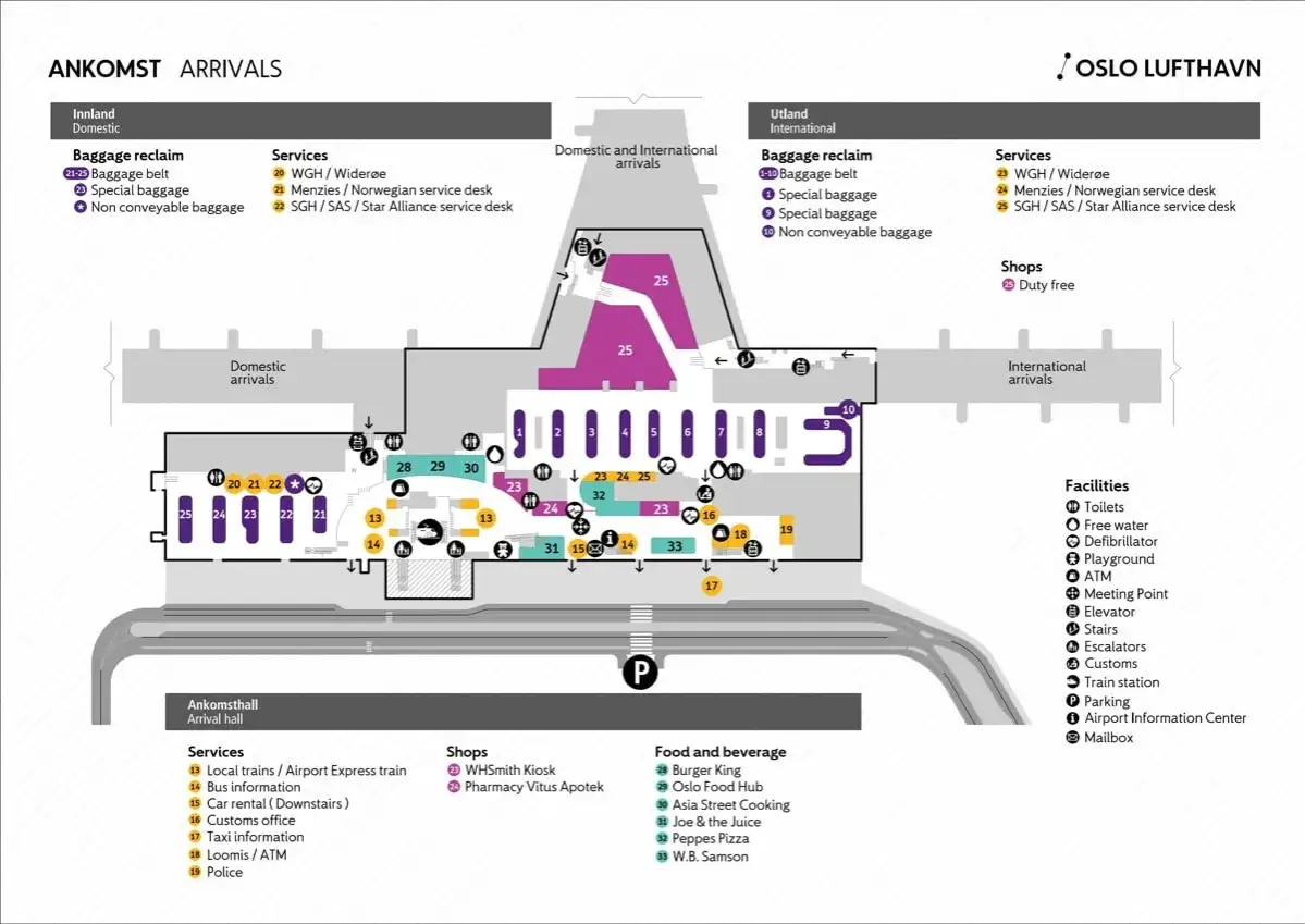 Plan lotniska Oslo. Znajdź tu punkty odbioru bagażu, sklepy, punkty usługowe i udogodnienia.