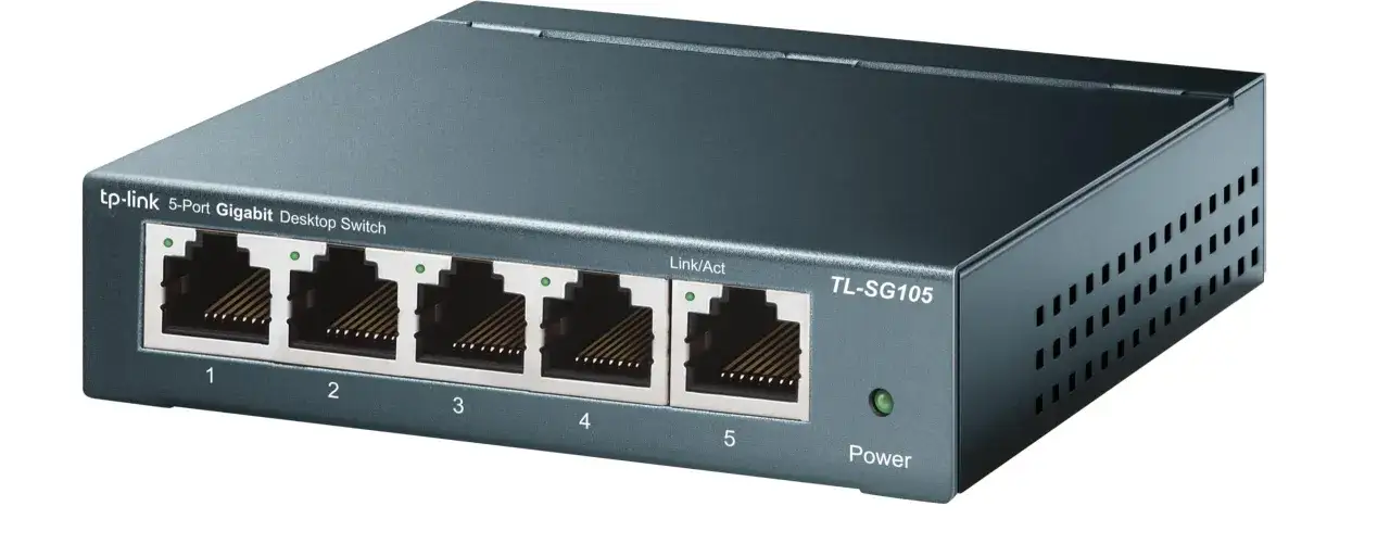Un switch TP-Link de 5 puertos Gigabit para escritorio, modelo TL-SG105, con puertos numerados y luces indicadoras de conexión.