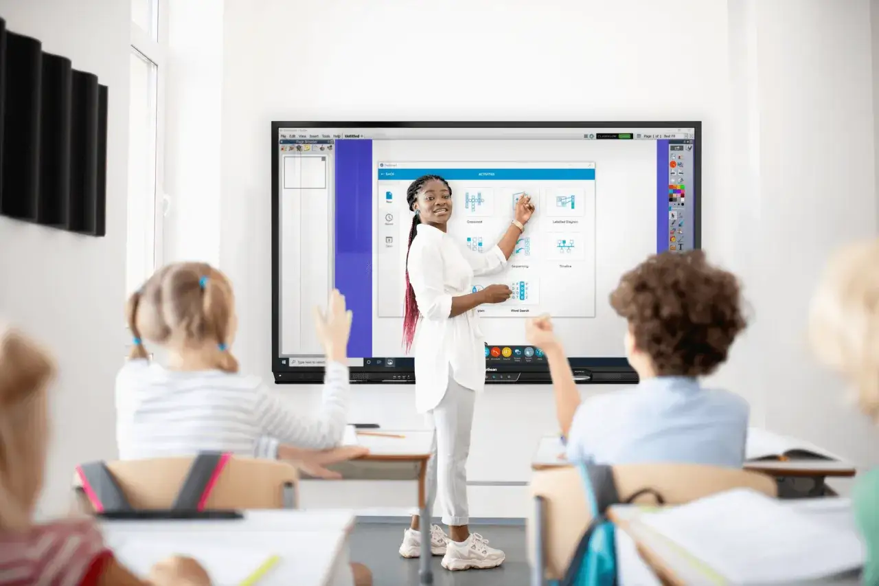 Lehrerin zeigt auf interaktivem Display verschiedene Lernaktivitäten, um ein Padlet zu erstellen. Kinder im Klassenzimmer schauen zu.