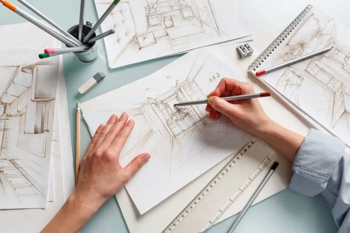 Mains esquissant des plans d'intérieur, une scène de formation dessin CPF. Crayons, gomme, règle et taille-crayon à portée de main.