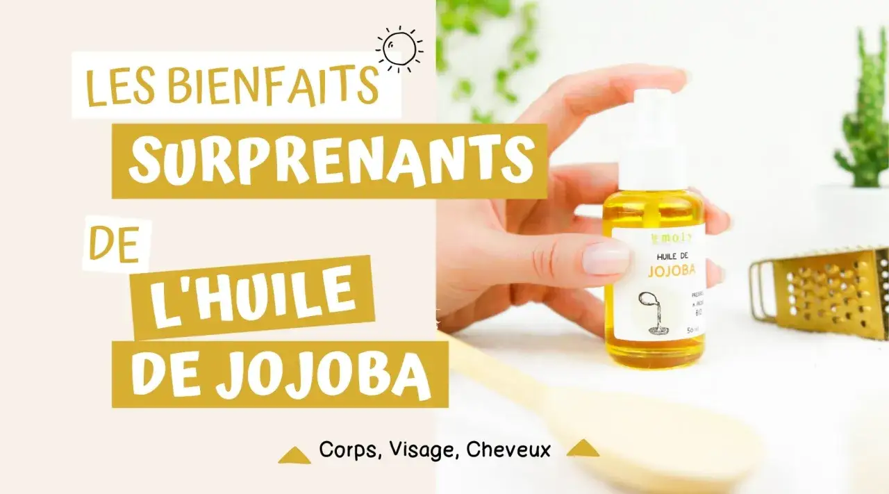 Les bienfaits surprenants de l'huile de jojoba pour le visage, le corps et les cheveux. Une main tient un flacon d'huile de jojoba.