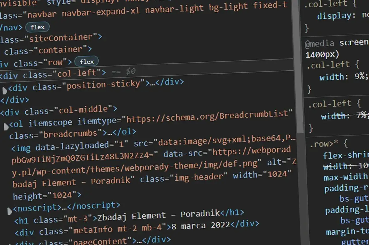 Fragment kodu HTML i CSS, pokazujący jak wyświetlić kod strony. Widoczne klasy 
