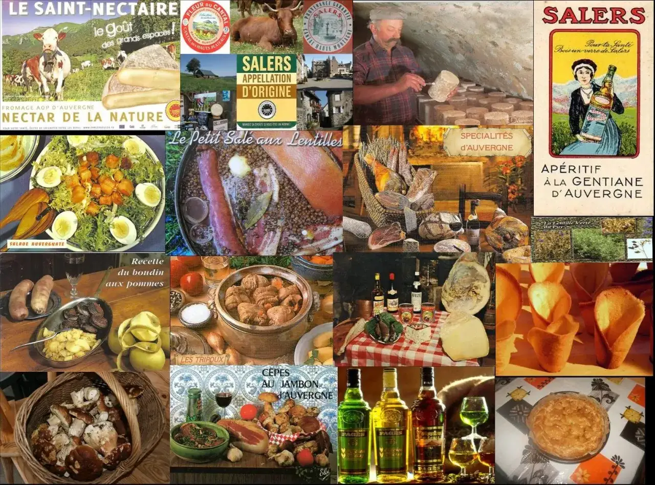Collage de sp&eacute;cialit&eacute;s culinaires auvergnates : fromages, charcuteries, plats traditionnels, liqueurs et desserts.
