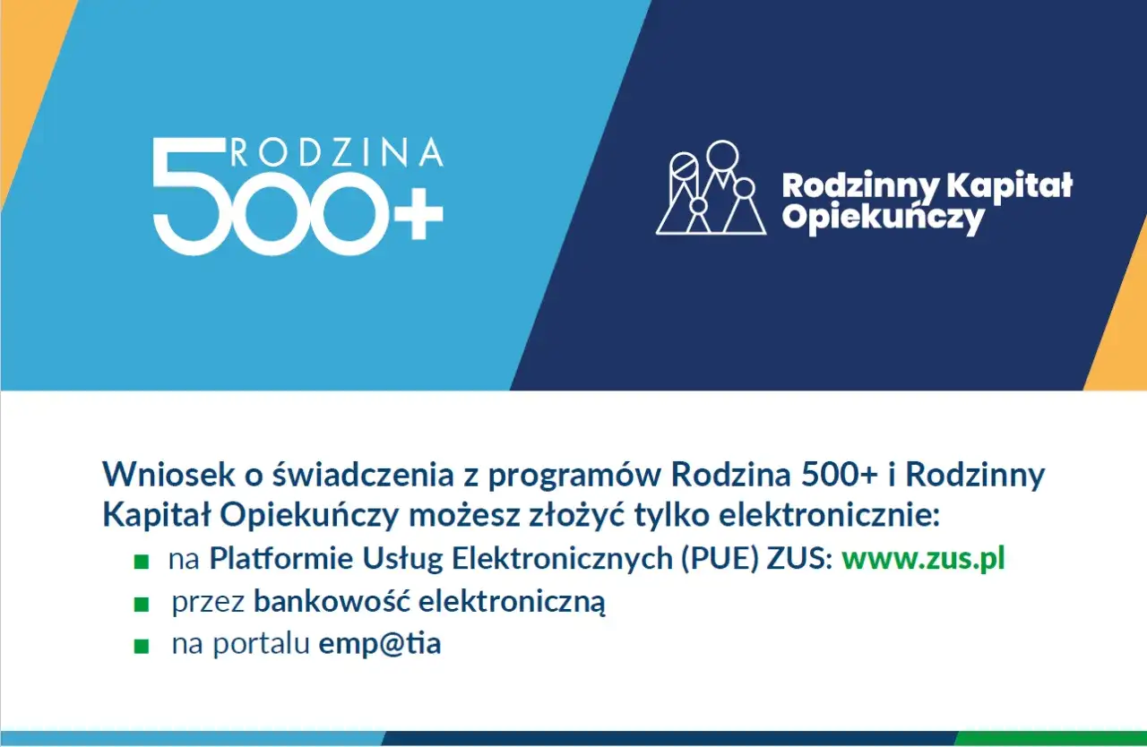 Wniosek o świadczenia z programów Rodzina 500+ i Rodzinny Kapitał Opiekuńczy złożysz elektronicznie przez PUE ZUS, bankowość lub emp@tia.