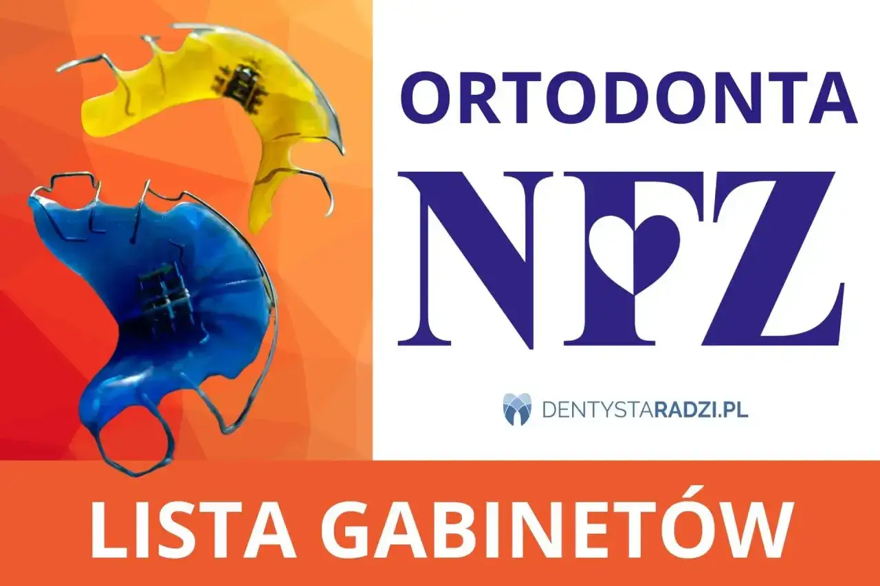 Dwa aparaty ortodontyczne, żółty i niebieski, obok logo NFZ. Dowiedz się, ile kosztuje leczenie ortodontyczne.