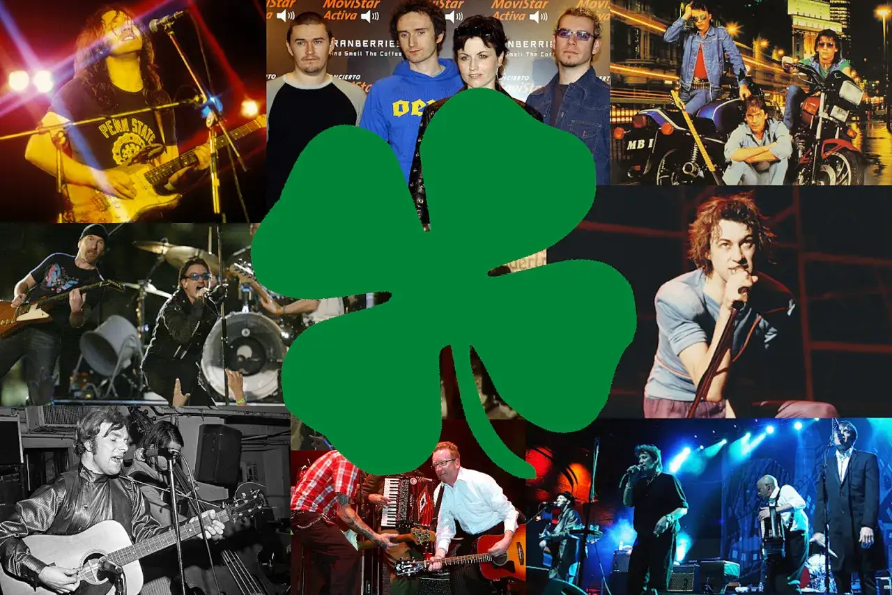 Un tr&egrave;fle vert recouvre des images de groupes de rock irlandais des ann&eacute;es 90, dont U2 et The Cranberries.