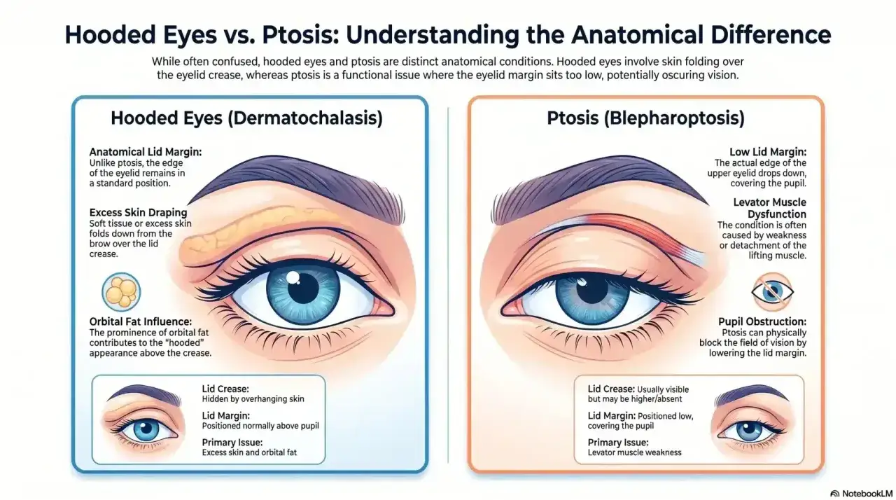 Ilustracja porównuje opadającą powiekę (ptosis) z