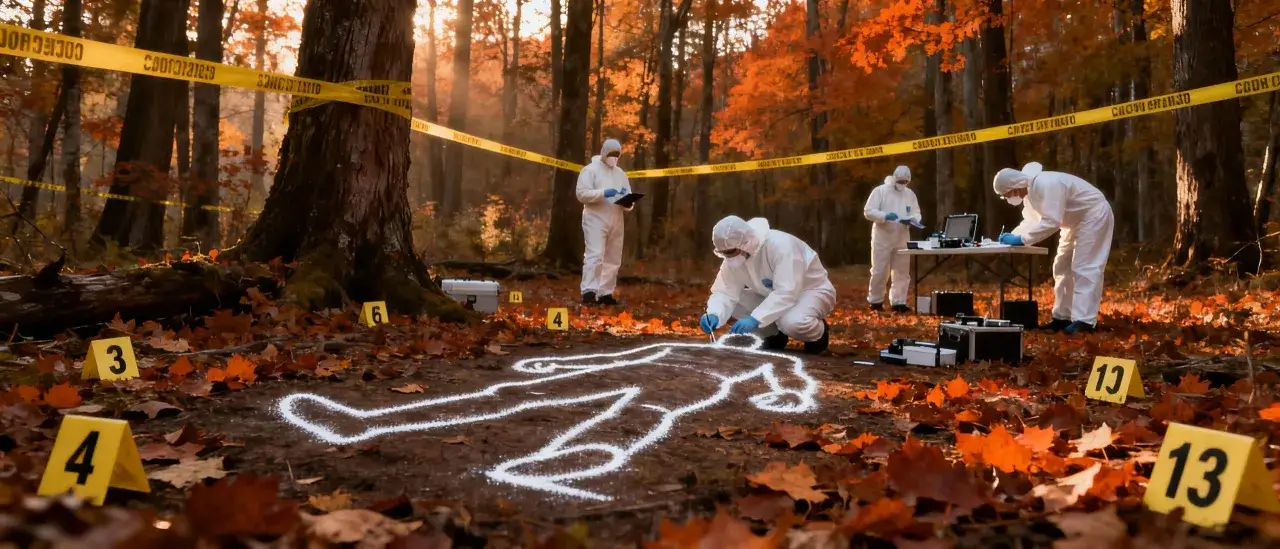 Scena del crimine in un bosco autunnale, con personale in tute protettive che lavora sul contorno di un corpo. La biologia forense &egrave; al lavoro.