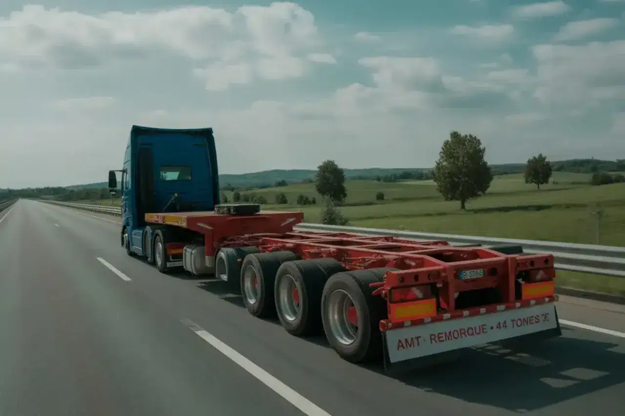 Un camion bleu tracte une remorque rouge sur l'autoroute. La largeur de la semi-remorque est visible, avec ses multiples essieux et roues. Le paysage verdoyant défile.