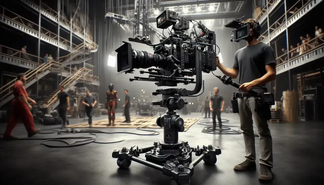 Operatore con steadicam e attrezzatura avanzata, pronto a catturare scene dinamiche. Le tecniche cinematografiche prendono vita sul set.