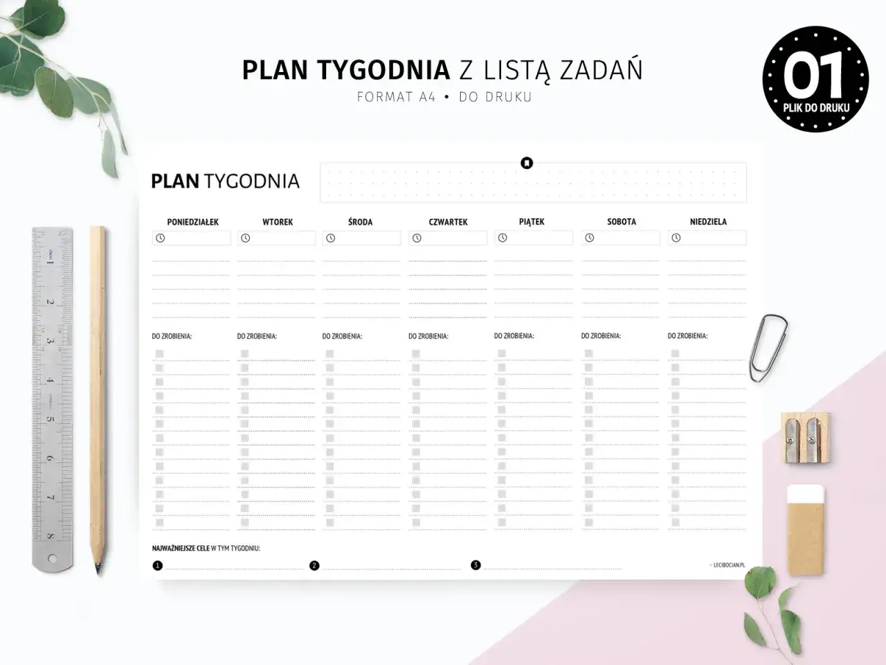 Plan tygodnia z listą zadań, idealny dla osoby chaotycznej w pracy. Pomaga uporządkować obowiązki od poniedziałku do niedzieli.