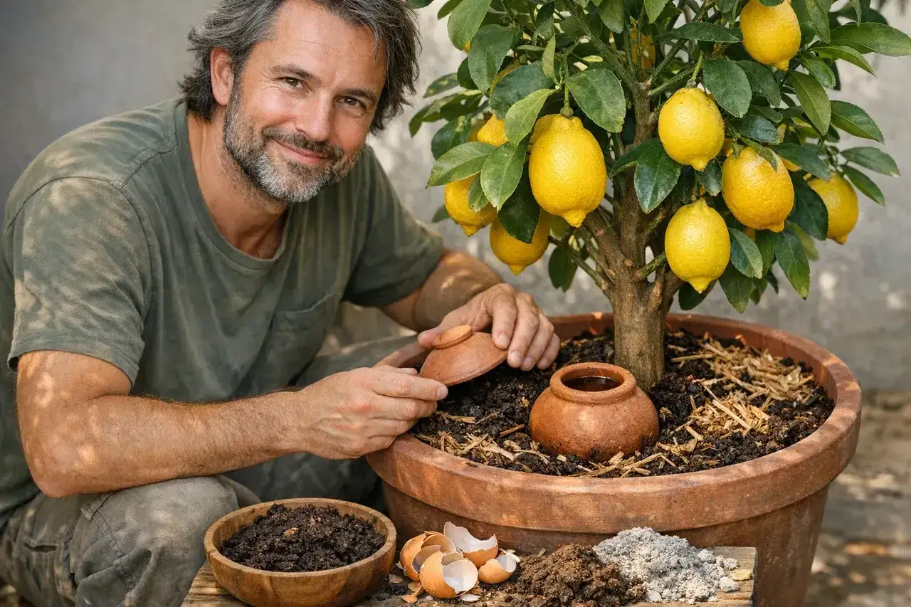 Un homme souriant prend soin d'un citronnier chargé de fruits. Il prépare un engrais naturel pour son citronnier, avec des coquilles d'œufs et du compost.