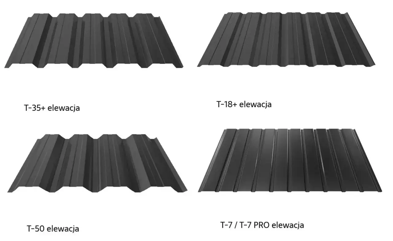 Cztery rodzaje blachy trapezowej do montażu elewacji: T-35+, T-18+, T-50 i T-7/T-7 PRO.