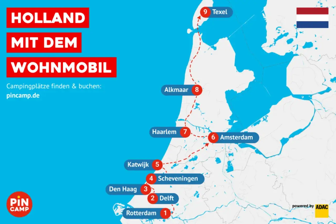 Reiseroute durch Holland mit dem Wohnmobil: Entdecke Delft und weitere Geheimtipps von Rotterdam bis Texel. Campingplätze finden auf pincamp.de.