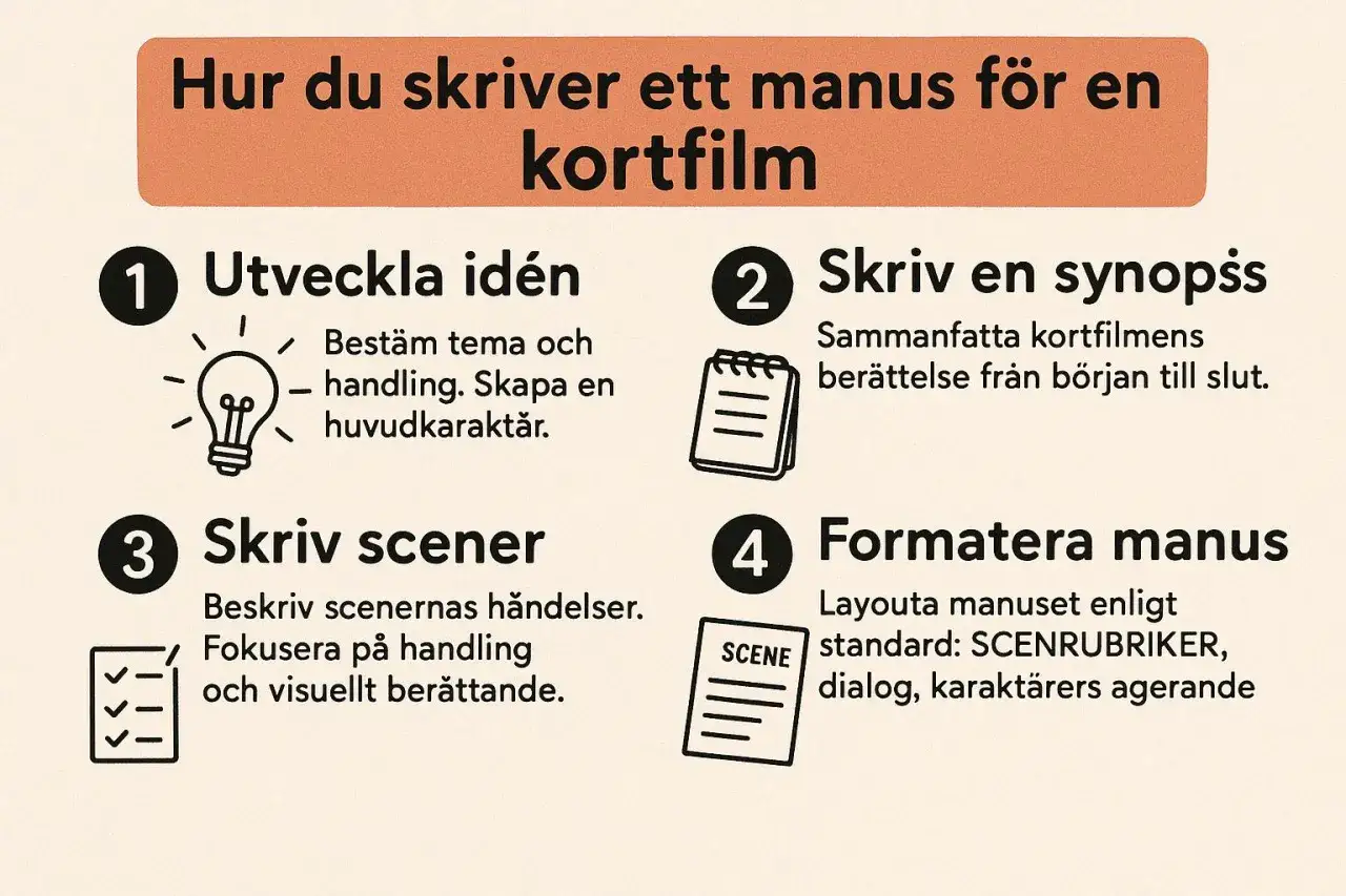 Steg för hur du skriver ett manus för en kortfilm: utveckla idé, skriv synopsis, skriv scener och formatera manus.