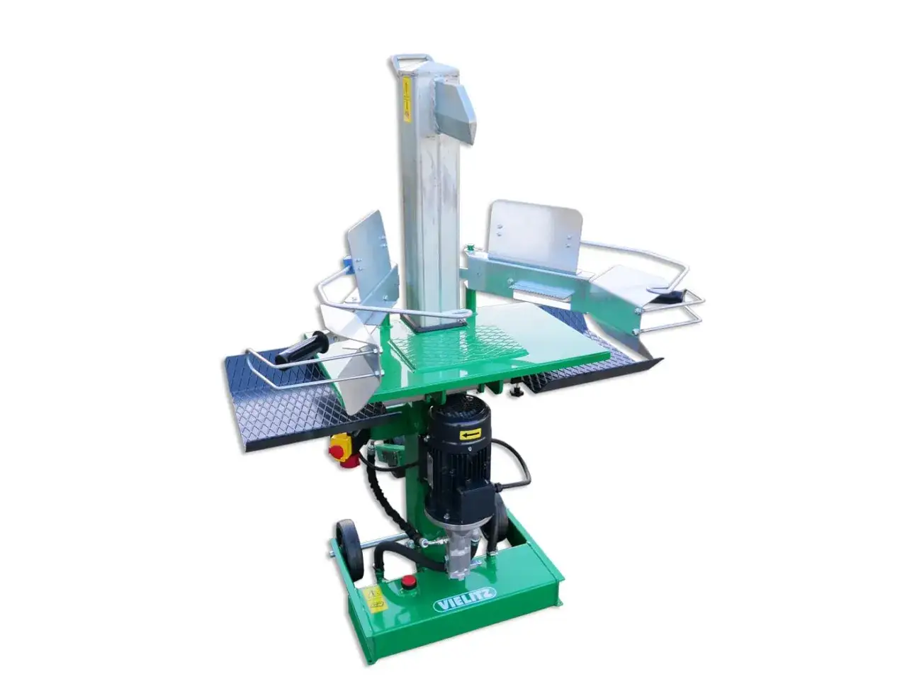 Grüner, elektrischer Schichtholzspalter mit Metallteilen und Rädern. Ideal für die Holzverarbeitung zu Hause.