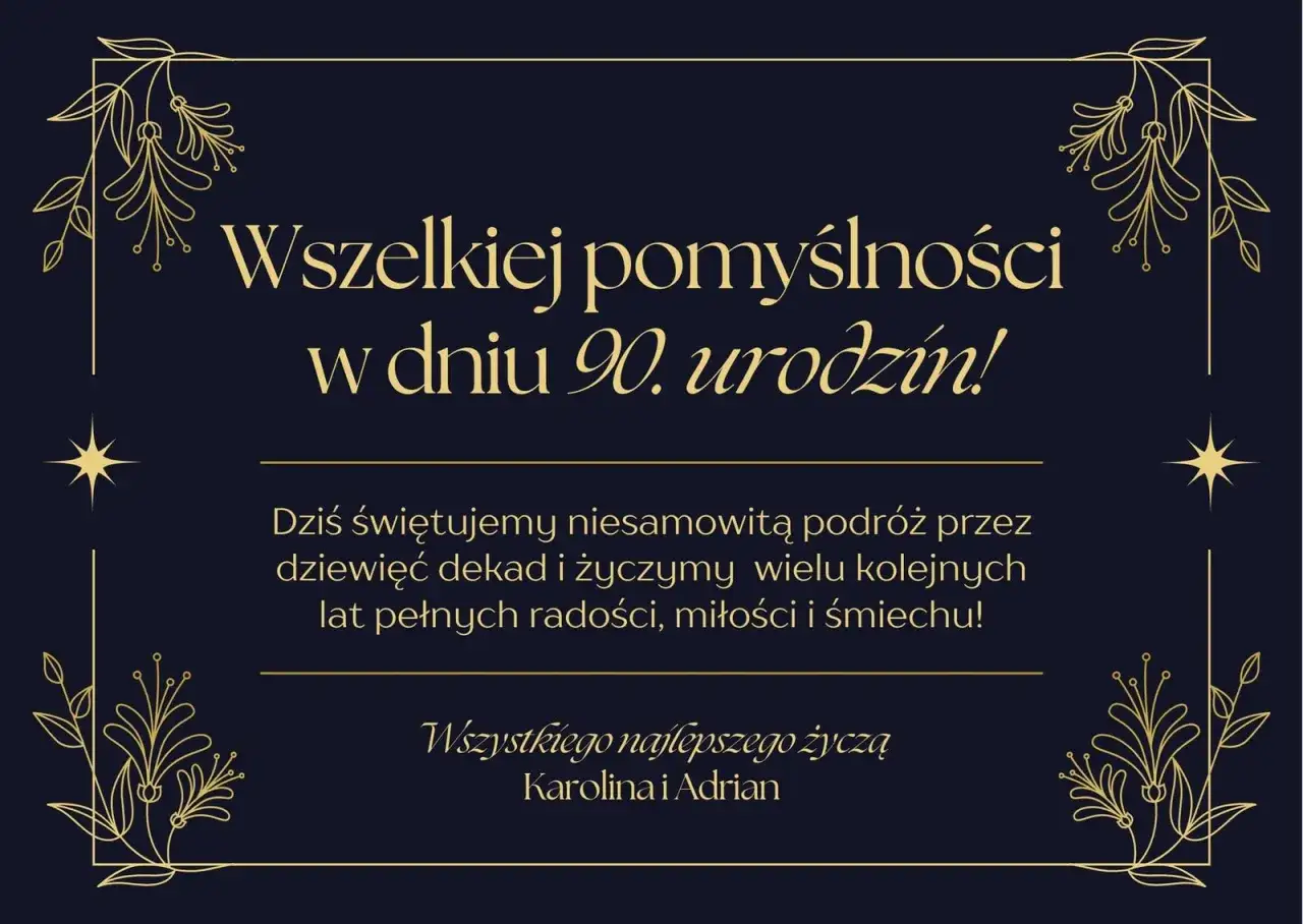 Eleganckie życzenia na 90 urodziny z ozdobnymi ramkami i tekstem: 