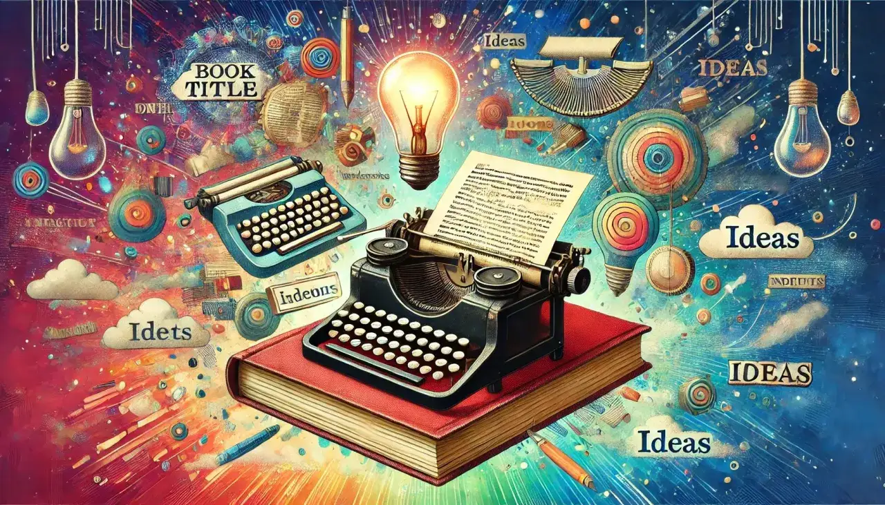 M&aacute;quina de escribir sobre un libro, rodeada de ideas y bombillas, un ejemplo de argumento de un libro.