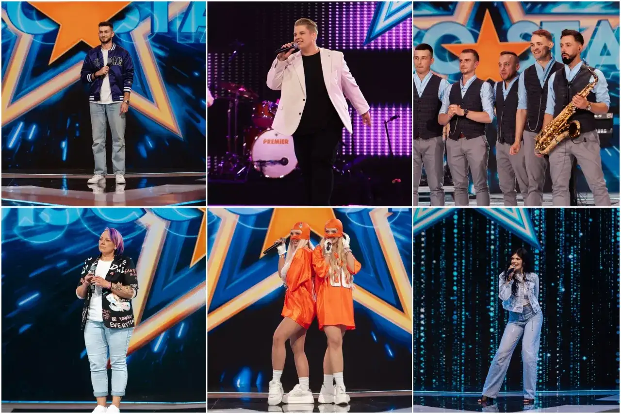 Występy na scenie: mężczyzna w kurtce, wokalista w marynarce, zespół z saksofonem, kobieta w kolorowej marynarce, duet w pomarańczowych strojach, solistka w błyszczących spodniach.