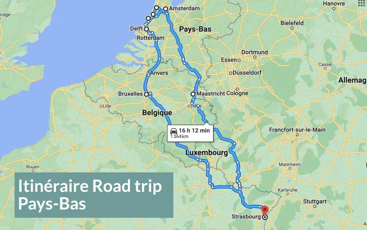 Carte d'un circuit en Hollande, traversant la Belgique et le Luxembourg, avec un itin&eacute;raire de 1364 km.