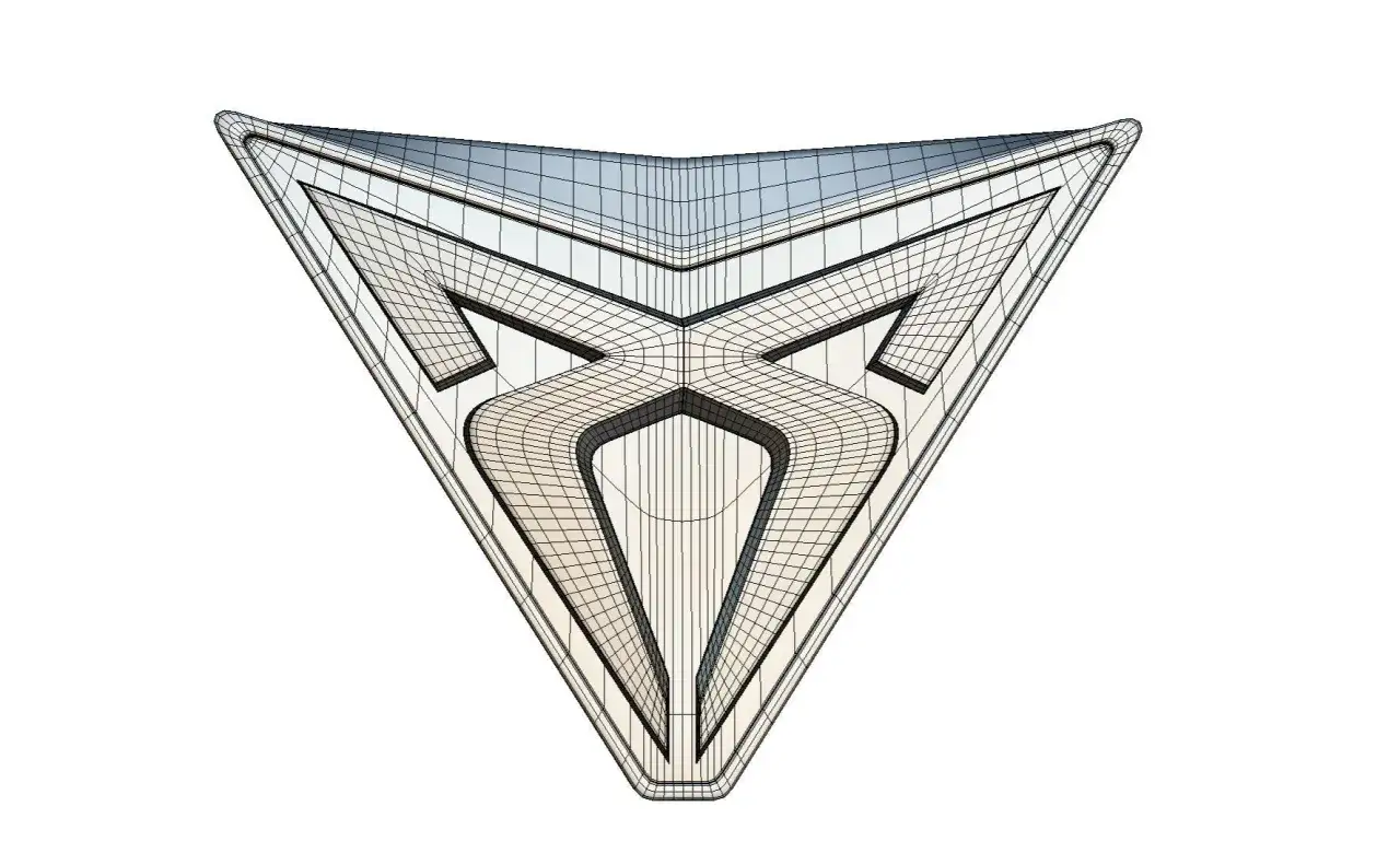 Trójkątne logo Cupra z siatką 3D, symbolizujące dynamikę i nowoczesność marki.