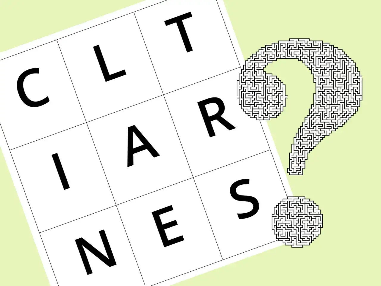 Siatka z literami C, L, T, I, A, R, N, E, S i labirynt w kształcie znaku zapytania. Czy to zagadka typu anagram co to?