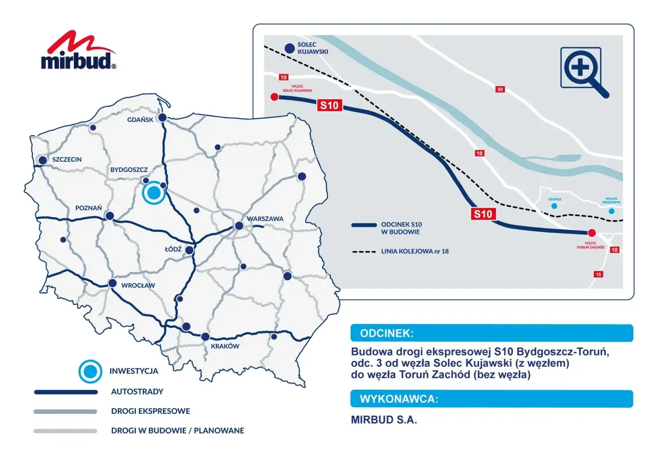 Mapa inwestycji budowy drogi ekspresowej S10 Bydgoszcz-Toruń, odcinek 3.