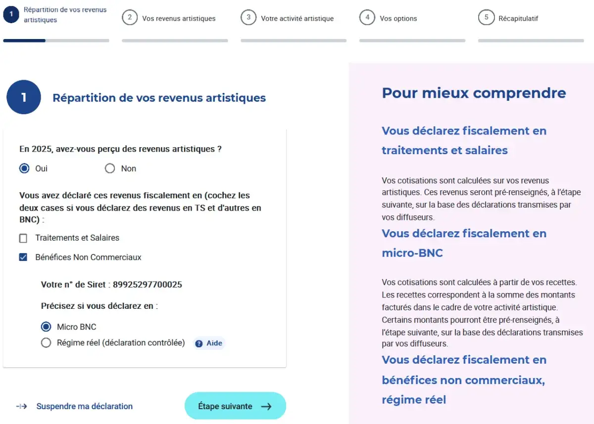 R&eacute;partition des revenus artistiques : l'utilisateur a per&ccedil;u des revenus en 2025 et d&eacute;clare des B&eacute;n&eacute;fices Non Commerciaux en Micro BNC, sans revenus pour sa cotisation artiste-auteur.