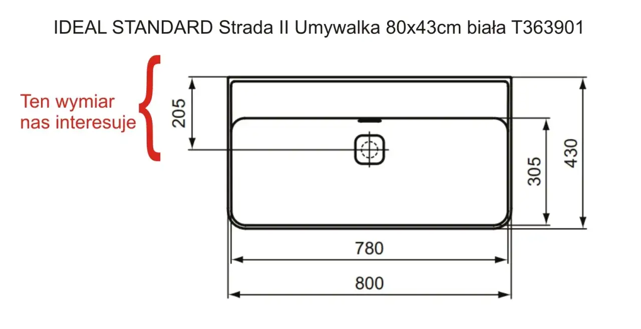 Wymiary umywalki Ideal Standard Strada II: 80x43cm. Kluczowy wymiar 205mm pomoże dobrać baterię do umywalki, uwzględniając długość wylewki.