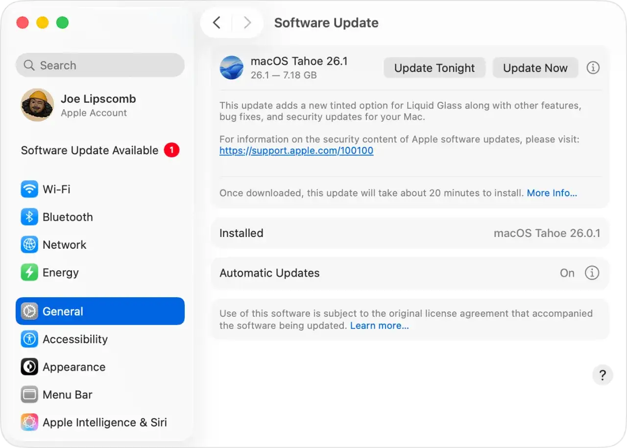 Aktualizacja macOS Tahoe 26.1 dostępna, dodaje nowe funkcje i poprawki bezpieczeństwa. Zainstaluj dziś lub teraz.