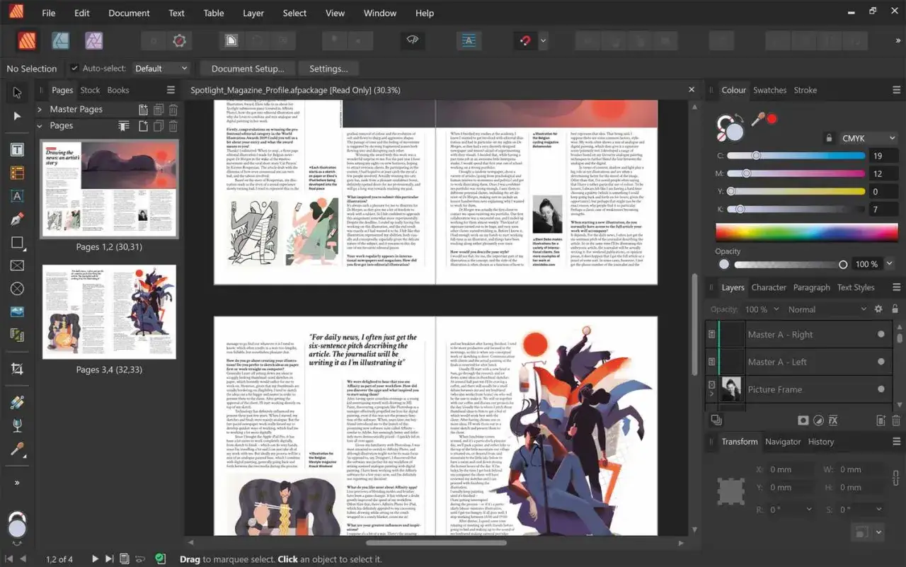 Program do projektowania graficznego, alternatywa dla Photoshopa. Widok strony z tekstem i ilustracjami, panele warstw i kolor&oacute;w.