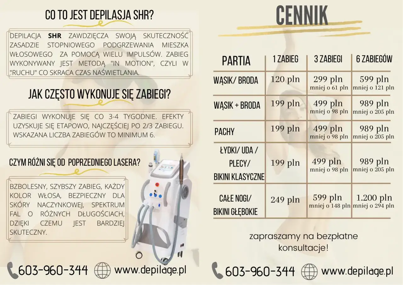 Cennik depilacji SHR in motion. Bezbolesne i skuteczne usuwanie owłosienia. Zapraszamy na bezpłatne konsultacje!
