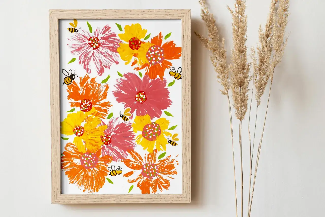 Peinture acrylique fleurs facile, avec des abeilles joyeuses butinant des marguerites color&eacute;es.
