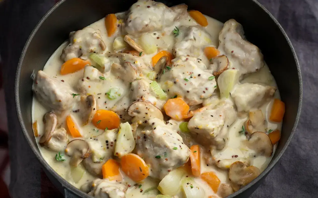 Un plat réconfortant de blanquette de veau facile, avec des morceaux de veau tendres, des carottes, des champignons et une sauce crémeuse.