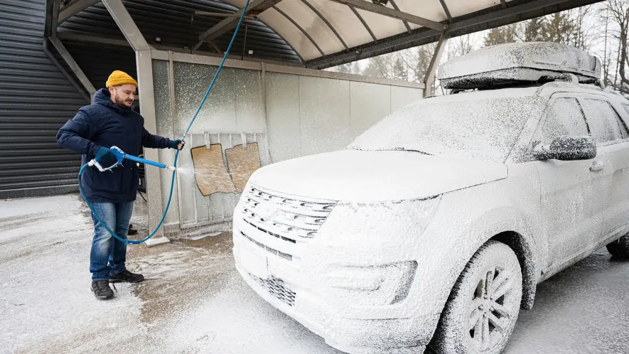 Mężczyzna w żółtej czapce myje białe auto na myjni. Gruba piana pokrywa samochód, a w tle widać zimowy krajobraz. To dowód, że mycie samochodu zimą jest możliwe!