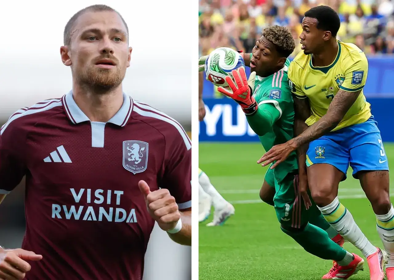 Piłkarz Aston Villa w bordowej koszulce i bramkarz w zielonym stroju podczas meczu. Spekulacje o aston villa transfery.