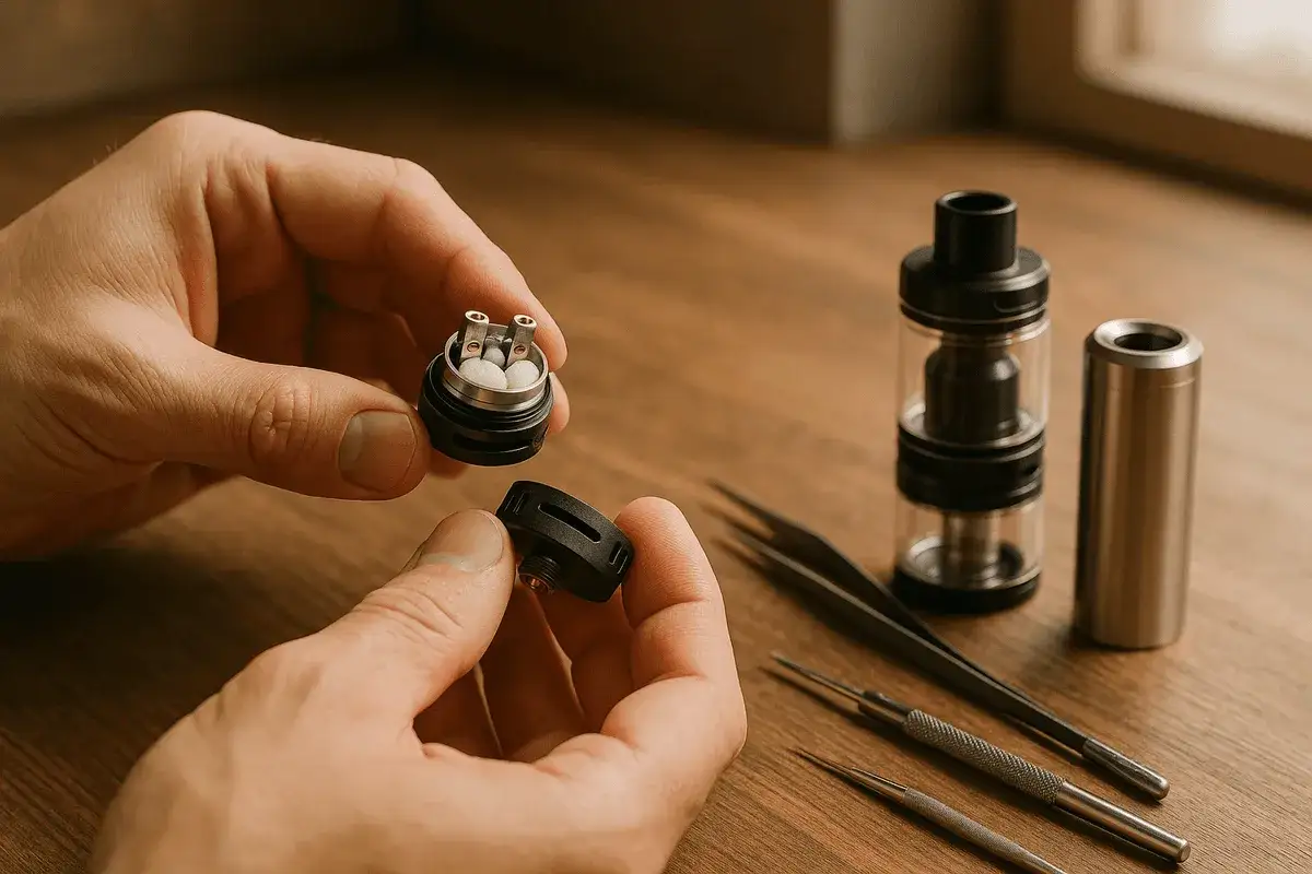 Manos armando un atomizador de vape, con herramientas y un tanque de vape a un lado.
