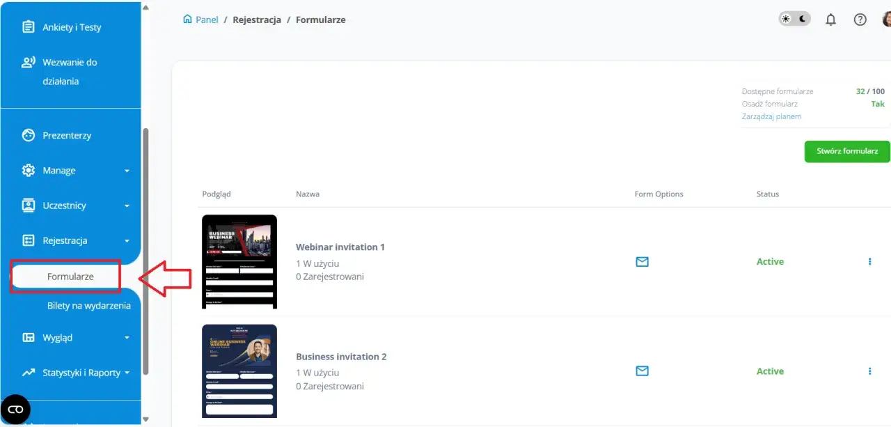 Panel rejestracji, gdzie można zobaczyć formularze do webinarów. Kliknij