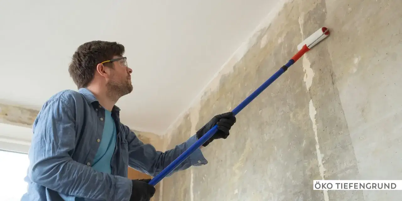 Mann mit Schutzbrille und Handschuhen trägt mit einer Teleskopstange eine Grundierung auf eine raue Wand auf.