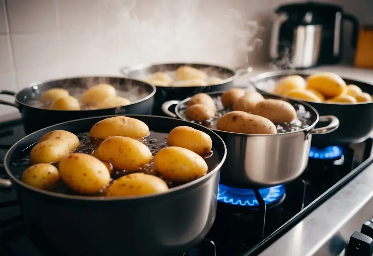 Flera kastruller med potatis kokar på spisen. En blå låga syns under en av kastrullerna, vilket visar hur kokar man potatis.